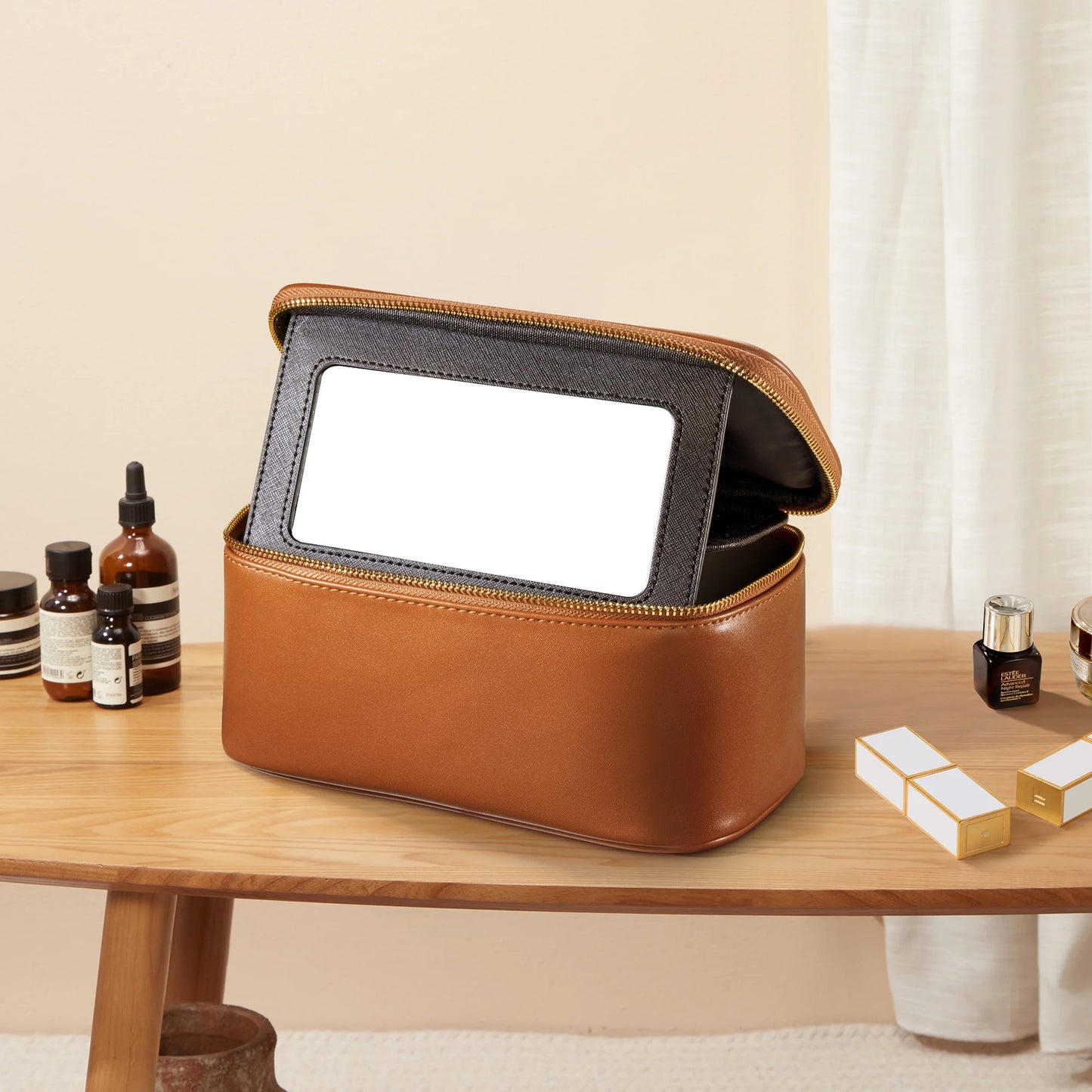 Leather Beauty Bag with Built-in Mirror